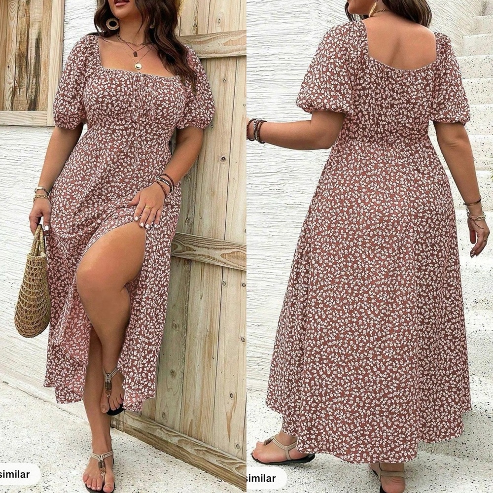 ⬇️Dusty Coral Floral Maxi Dress with Puff Sleeves